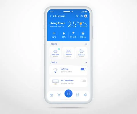 Smartphone smart home lighting controlled app UX UI, IOT Internet of things tech Stock Illustration