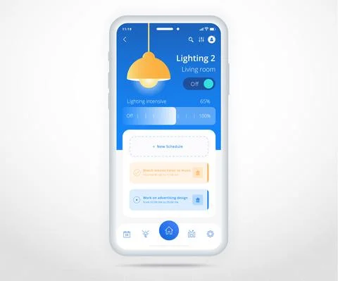 Smartphone smart home lighting controlled app UX UI, IOT Internet of things tech Stock Illustration