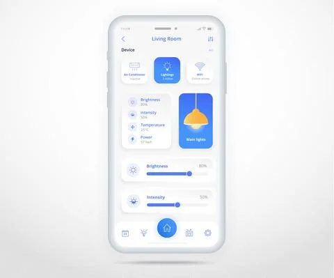 Smartphone smart home lighting controlled app UX UI, IOT Internet of things tech Stock Illustration