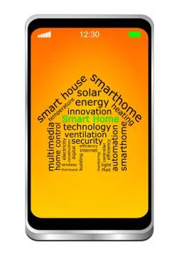 Smartphone with Smart Home Wordcloud - 3D illustration Ilustración de archivo