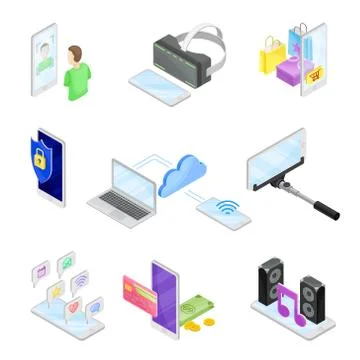 Smartphone Software with Cloud Server and Online Shopping App Vector Isometric Stock Illustration