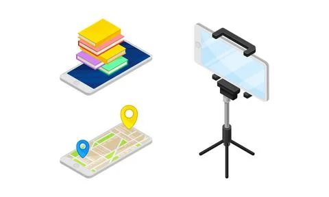 Smartphone Software with Online Navigation App Showing Route and Filming with Illustrazione stock