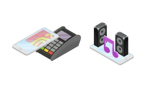 Smartphone Software with Online Payments App and Music Player Vector Isometric Stock Illustration