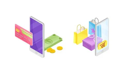 Smartphone Software with Online Payments App and Internet Shopping Vector Stock Illustration