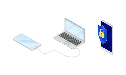 Smartphone Software with USB Cable and Secure App Vector Isometric Set Stock Illustration