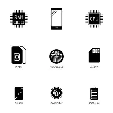 Smartphone specification flat line icons. Gadget description. Icon set vector Stock Illustration
