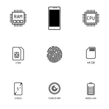 Smartphone specification flat line icons. Gadget description. Icon set vector Stock Illustration