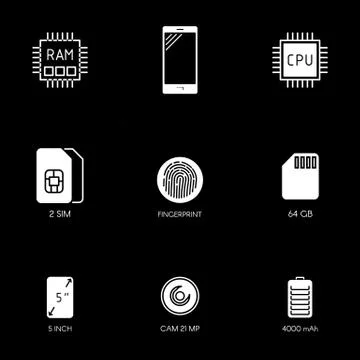 Smartphone specification flat line icons. Gadget description. Icon set vector Stock Illustration