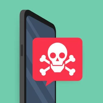 Smartphone with speech bubble and skull and crossbones on screen. Threats, mo Stock-Illustration