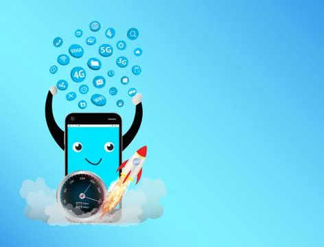 Smartphone with speed meter and apps icon floating Illustrazione stock