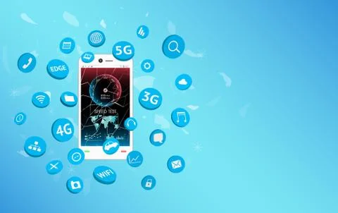 Smartphone with speed test screen and apps icon floating Stock Illustration