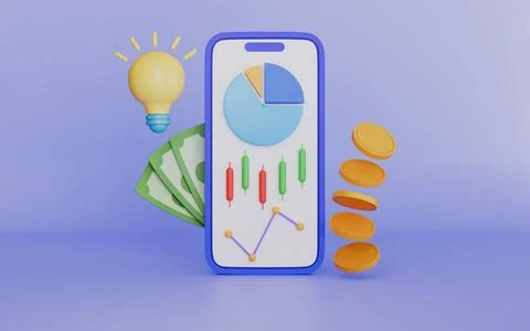 Smartphone Stack of dollars with indicator graph, coins, Finance trading  Stock Illustration