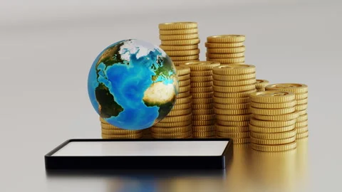 Smartphone with stack of gold coins and globe or earth, world business Видео 246257463