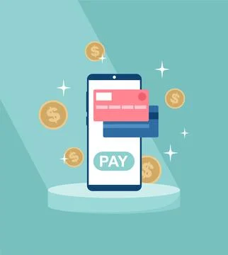 Smartphone on stand with payment button, credit cards on screen Stock Illustration