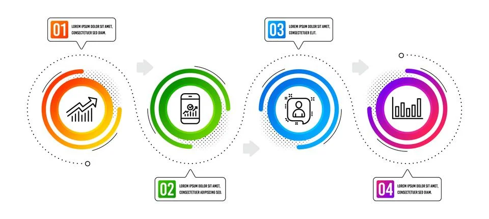 Smartphone statistics, Column chart and Developers chat icons set. Demand curve 库存插图