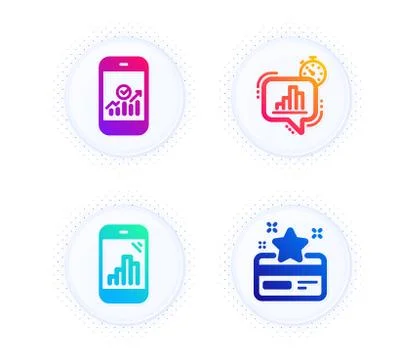 Smartphone statistics, Statistics timer and Graph phone icons set. Loyalty card Stock Illustration