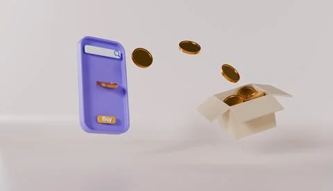 Smartphone with store front, pile of stacked coin, goods cardboard box Stock Illustration