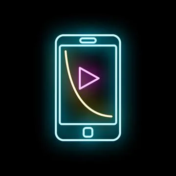 Smartphone streaming video content with neon play icon Stock Illustration