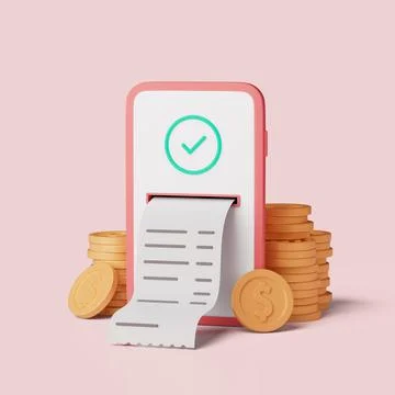 Smartphone with successful operation, paper check and cashback coins. 3d rend Illustrazione stock