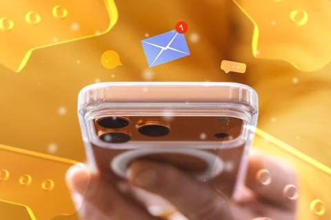 Smartphone surrounded glowing speech bubbles, notification icons and email al Stock Photos