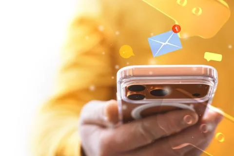 Smartphone surrounded glowing speech bubbles, notification icons and email al Stock Photos