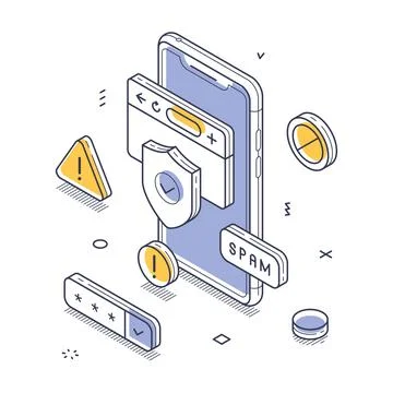Smartphone surrounded by various security and alert icons. Elements like spam 库存插图