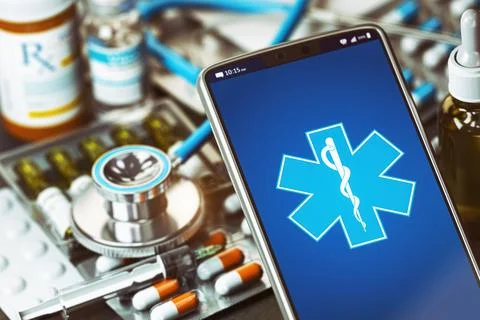 Smartphone with symbol of medicine, pills and stethoscope. Doctor online app, Stock Illustration