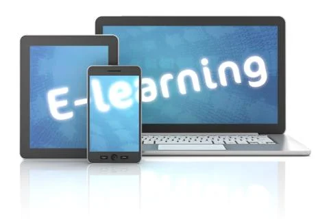 Smartphone, tablet and laptop with E-learning text, 3d render Stock Illustration