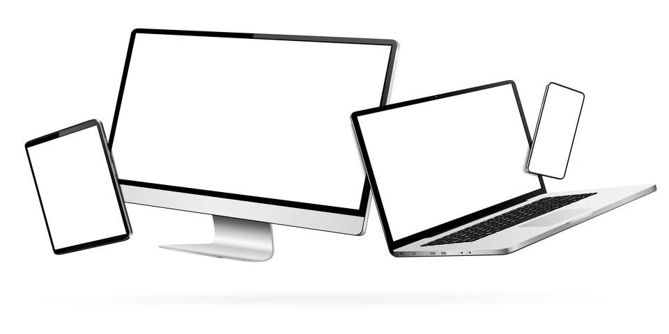 Smartphone, tablet, laptop and computer isolated with levitation effect 库存插图