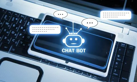 Smartphone, tablet, laptop computer with Chat Bot application for online in.. Stock Photos