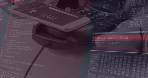 Smartphone tapping terminal and exchanging data, code scrolling, encrypting Stock Footage 313617871