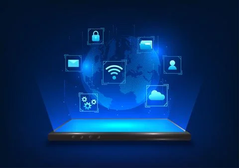 Smartphone technology background Mobile phone that projects hologram images.. Stockillustratie