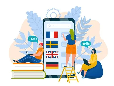 Smartphone technology with language, vector illustration. Study english, spanish Stock Illustration