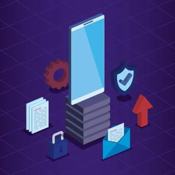 Smartphone technology with padlock and shield security with documents Stock Illustration