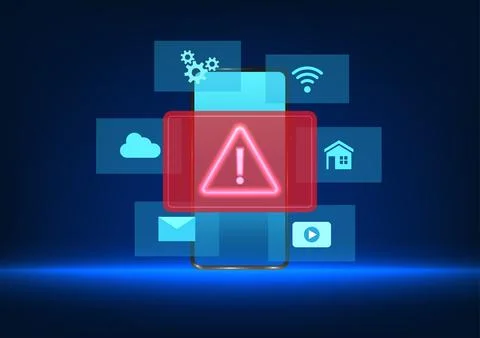 Smartphone technology The screen has an icon with an alert symbol showing t.. 스톡 일러스트