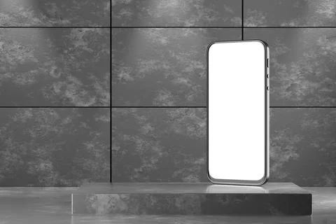 Smartphone template with white screen on a concrete podium. A smartphone with Ilustración de archivo