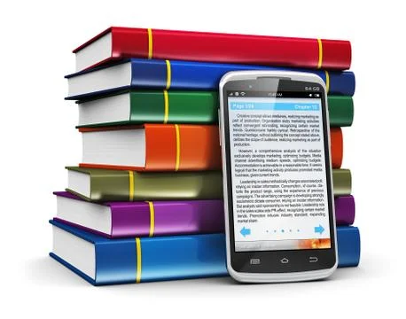 Smartphone with text and stack of color books Illustrazione stock