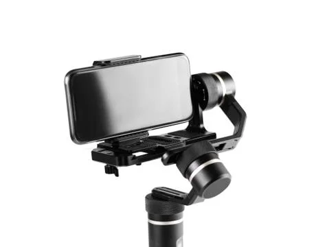 Smartphone on three-axis stabilizer. Close up. Isolated on white background 스톡 사진