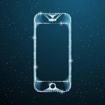 Smartphone touch screen display on blue space background. Mobile phone polygonal Иллюстрация