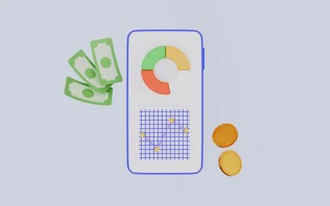 Smartphone with trading graph, banknote, coins 3d illustration Stock Illustration