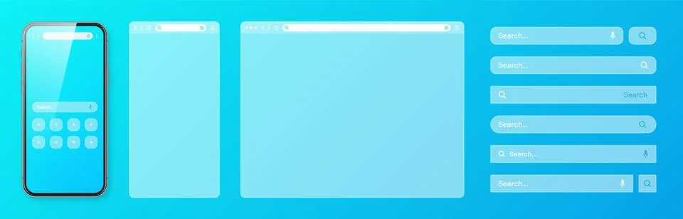 Smartphone, transparent internet browser window with various search bar Stock Illustration