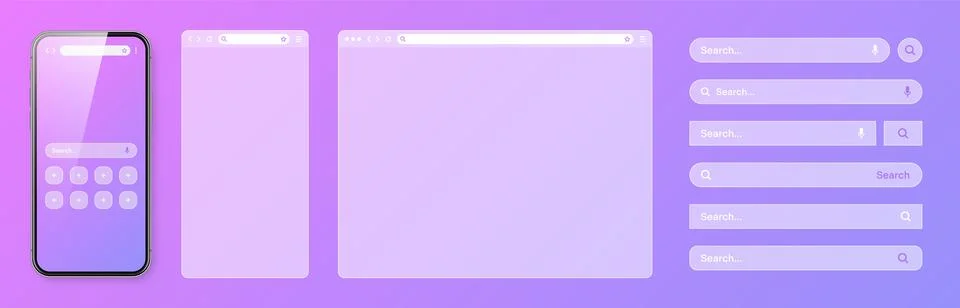 Smartphone, transparent internet browser window with various search bar Stock Illustration