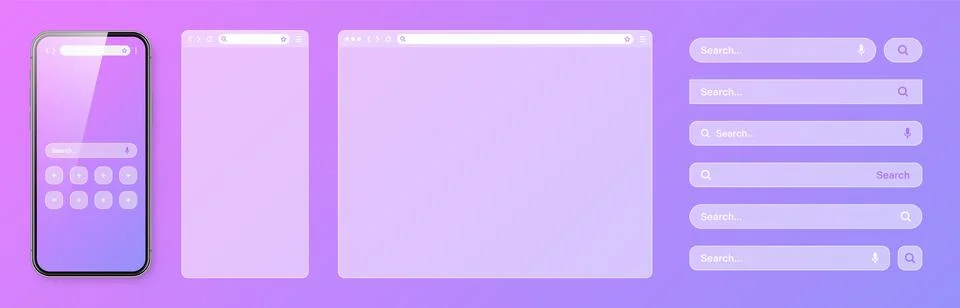 Smartphone, transparent internet browser window with various search bar Stock Illustration