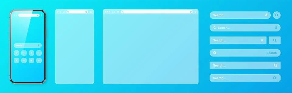 Smartphone, transparent internet browser window with various search bar Stock Illustration