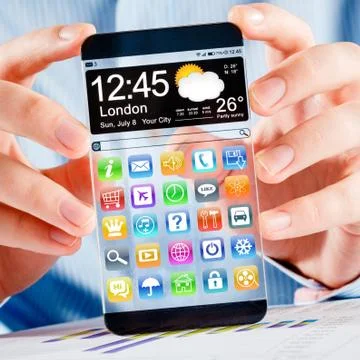 Smartphone with transparent screen in human hands. イラスト素材