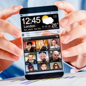 Smartphone with transparent screen in human hands. Illustrazione stock