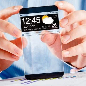 Smartphone with transparent screen in human hands. Stock Illustration