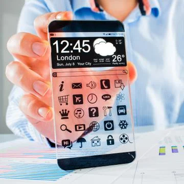 Smartphone with transparent screen in human hands. Stock Illustration