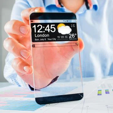 Smartphone with transparent screen in human hands. Illustrazione stock