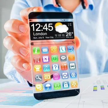 Smartphone with transparent screen in human hands. Stock Illustration